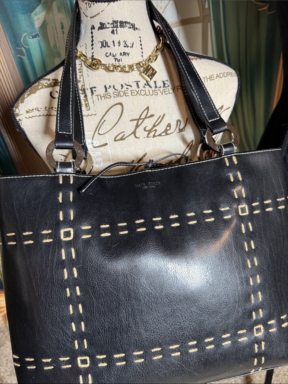 kate spade Black Leather Tote with Contrast Stitching
